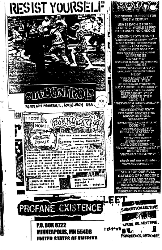 | RES!  =)  ey (8 ctuae ot ‘o - belgium.  P0.BOX 8722  MINNEAPOLIS, MN 55408 TINITED STATES AF AMERIVA  THE 213t CONTURY USASIEACH 2FORSS  Iy HOURS OF AUS ROTTEN “FUCRIAZ STPATHY T  SENGFOR GUR FULL CATALOG OF HARDCORE L TSHETS AND TAPES,  